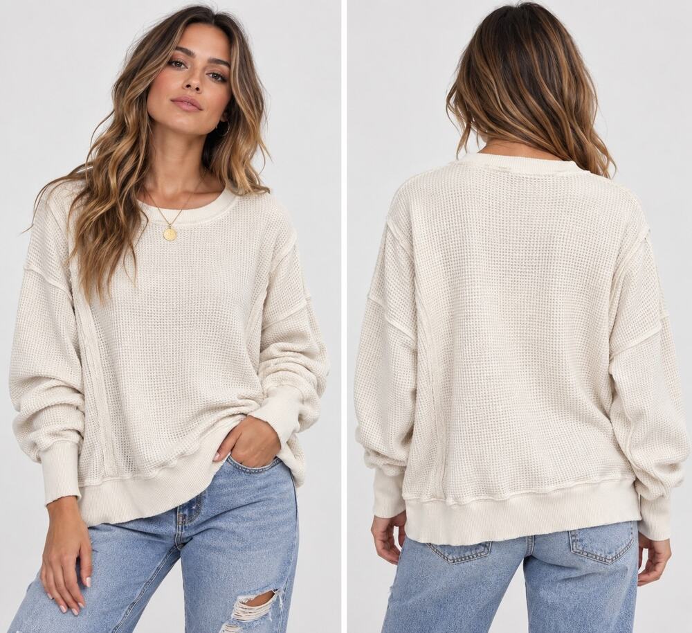 American Eagle Seriously Lived-In Waffle Knit Oversized Sweatshirt M White Top